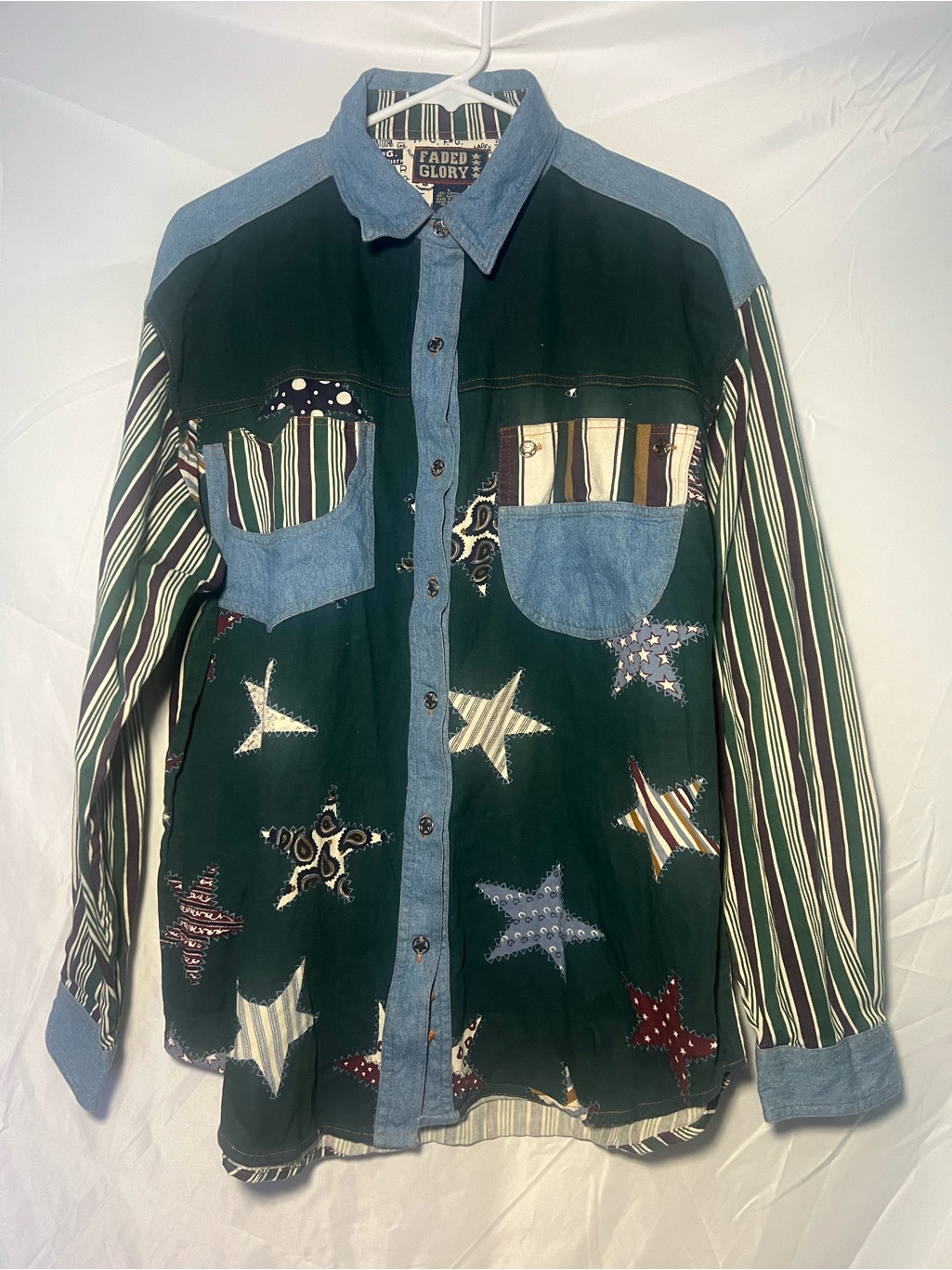 Faded Glory Star Patchwork Denim-Trim Button Shirt - Green, Blue & Multicolor